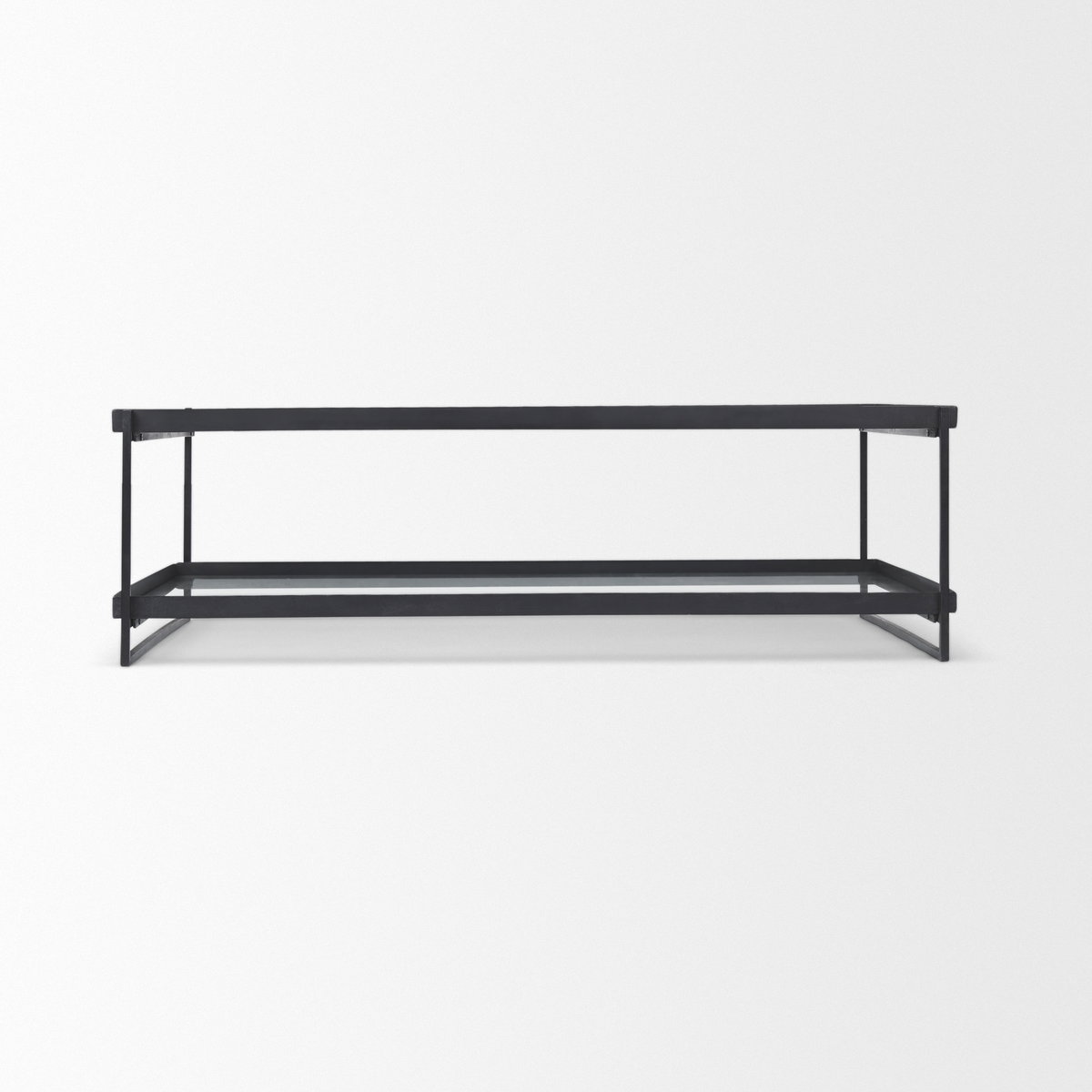 Trey 56'L x 32'W x 17'H Black Metal with Glass Coffee Table, by Mercana, 56" length x 32" width x 17" height View 6