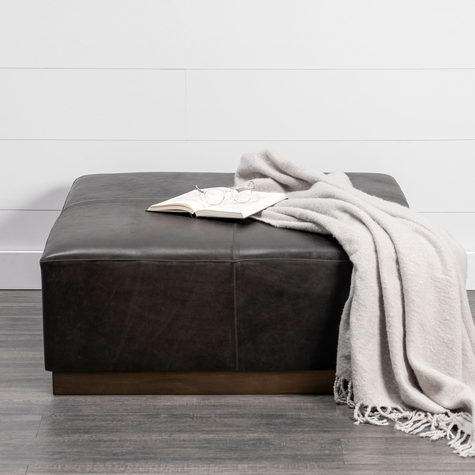Minara 36' Square Black Leather Wrapped with Metal Base Ottoman, by Mercana, 36" length x 36" width x 16" height View 2