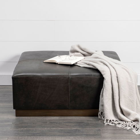 Minara 36" Square Black Leather Wrapped with Metal Base Ottoman