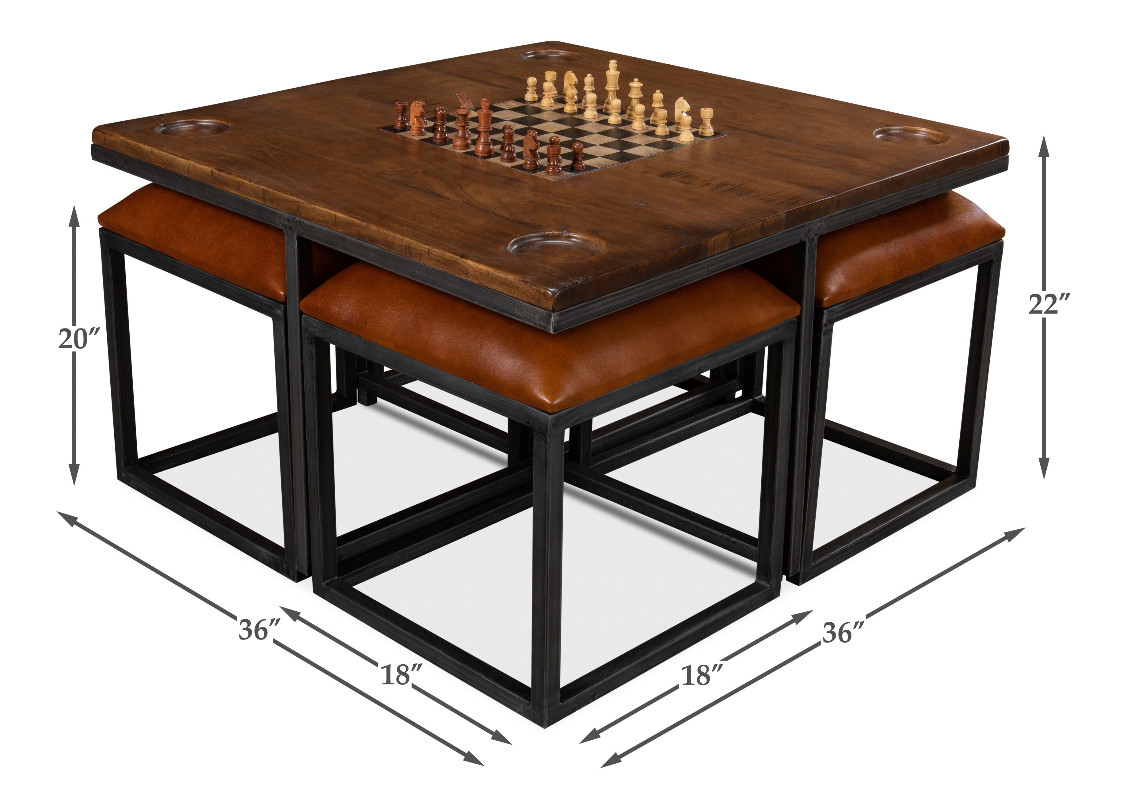 Low Game Table With Four Stools, by Sarreid, 36" length x 36" width x 22" height View 12