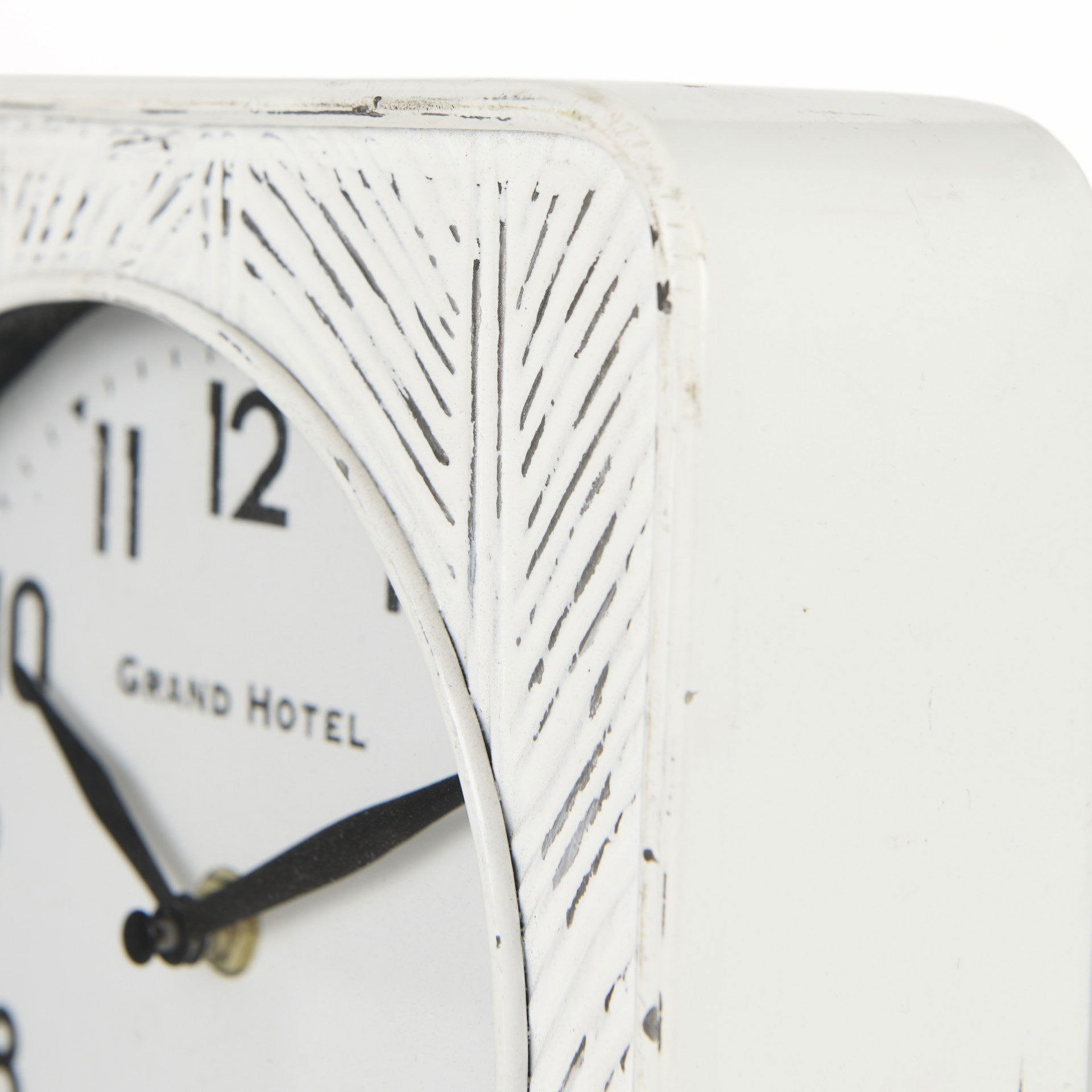Karl  Rustic White Iron Rounded Square Table Clock, by Mercana, 8" length x 2.75" width x 8.75" height View 7