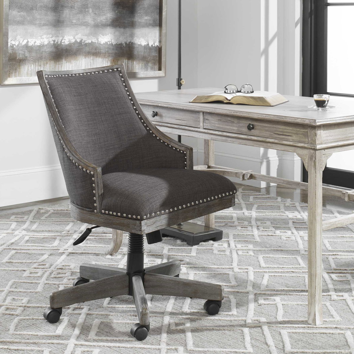 Aidrian Charcoal Desk Chair, Accent Chair by Uttermost, 22.5" width x 39" height x 25" depth View 2
