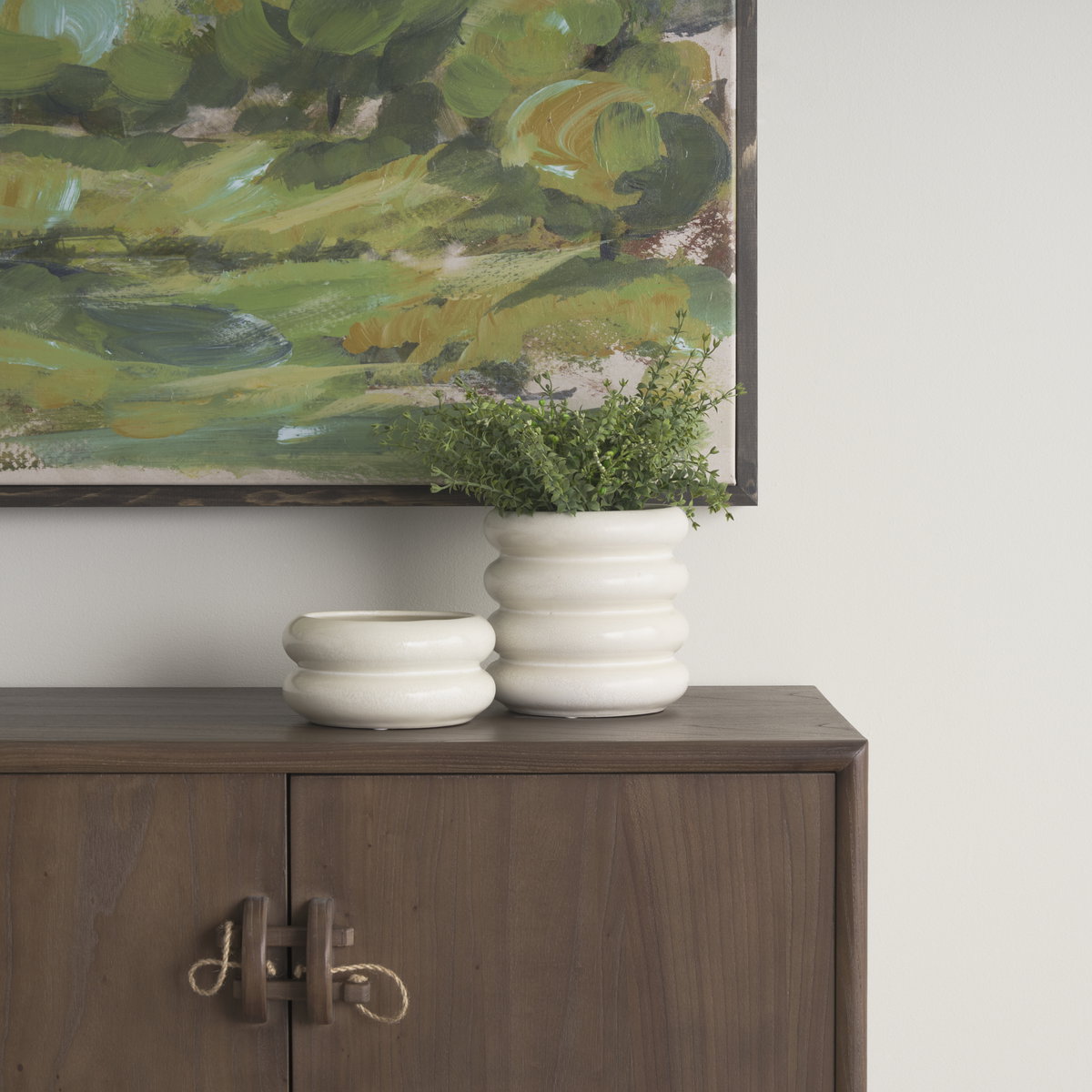 Twyla Short Cream Glazed Ring Pot, Vase by Mercana, 7.09" length x 7.09" width x 3.54" height View 3