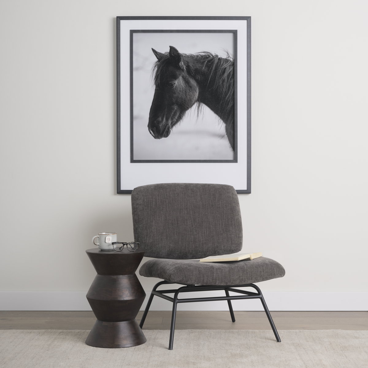 Nora Charcoal Fabric with Matte Black Metal Legs Accent Chair, by Mercana, 25" length x 30.25" width x 31" height View 2