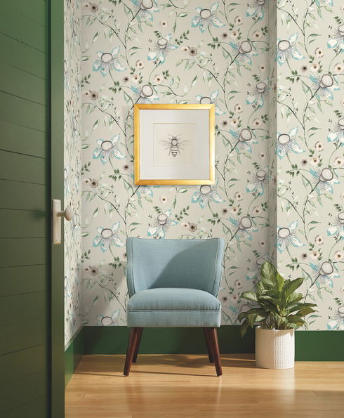 Dream Blossom Taupe & Aqua Wallpaper