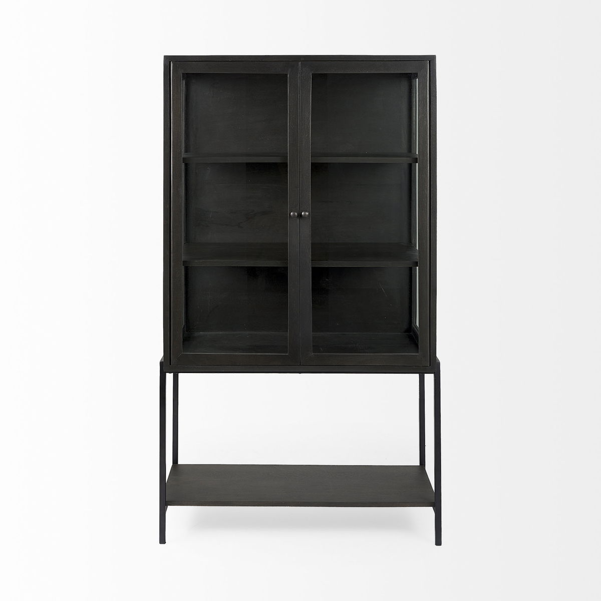 Arelius 36L x 18.75W x 63H Black-Brown Wood with Black Metal Base Display Cabinet, Cabinets & Sideboard by Mercana, 36" length x 18.75" width x 63" height View 6