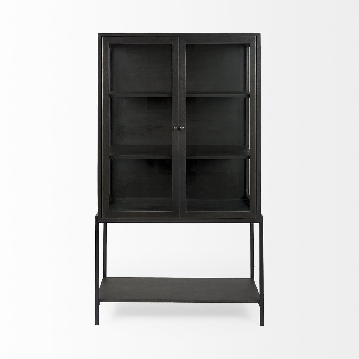 Arelius 36L x 18.75W x 63H Black-Brown Wood with Black Metal Base Display Cabinet, Cabinets & Sideboard by Mercana, 36" length x 18.75" width x 63" height View 6