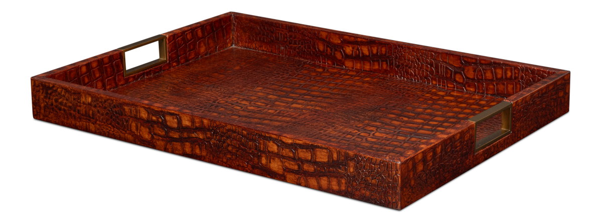 Norton Leather Tray  Croco Leather  Tan, by Sarreid, 1'6" length x 2' width x 2" height View 1