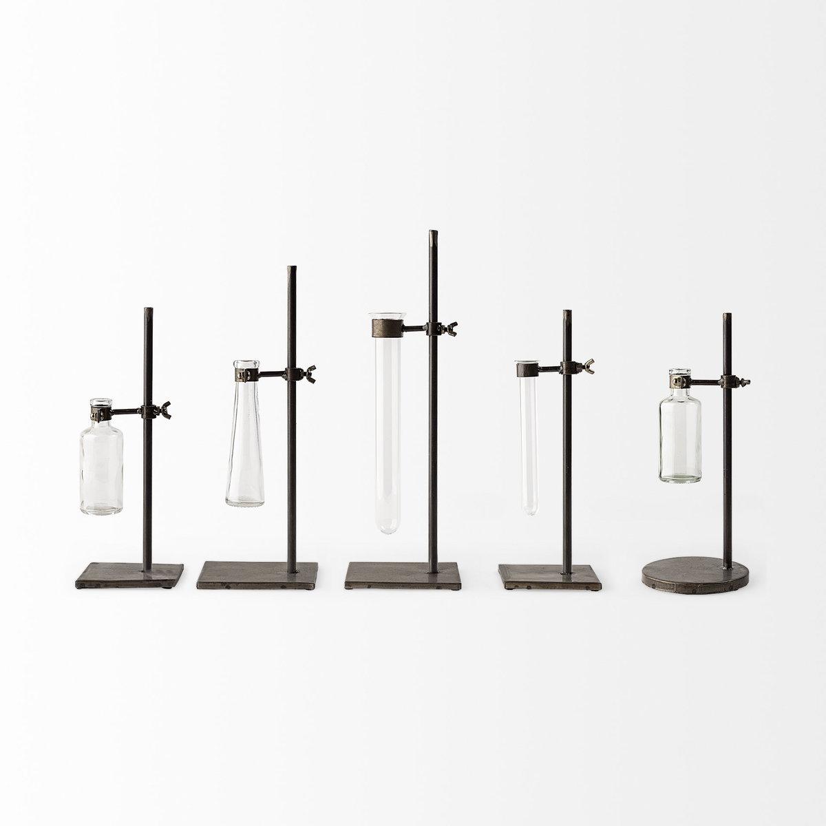 Jarvis Set of Five Dark Brown Metal and Glass Chemistry Inspired Bottles, Vase by Mercana, 5" length x 5.12" width x 12.5" height View 6