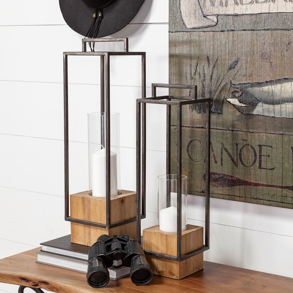 Orionis Large Wood with Black Metal Lantern Candle Holder, Lighting by Mercana, 6.69" length x 6.69" width x 23.82" height View 3