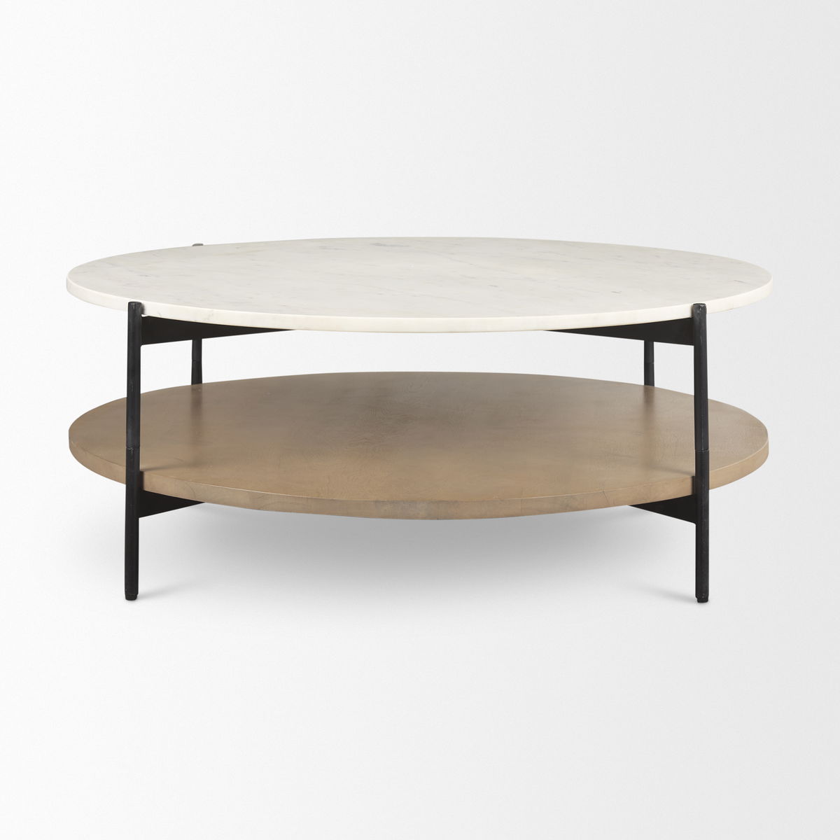 Larkin Marble Top with Brown Wood Shelf Round Coffee Table, by Mercana, 42" length x 42" width x 16" height View 3