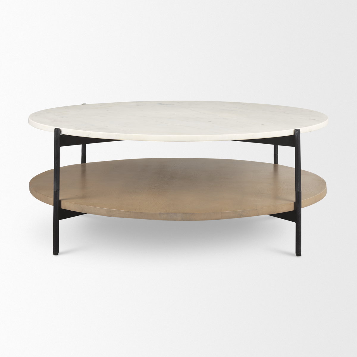Larkin Marble Top with Brown Wood Shelf Round Coffee Table, by Mercana, 42" length x 42" width x 16" height View 3