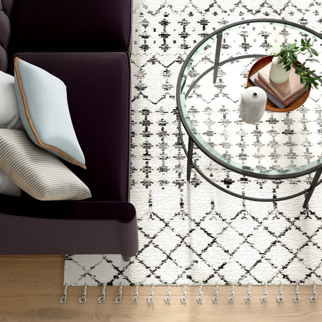 Geometric Wool/Silk Ivory/Black Area Rug large image 