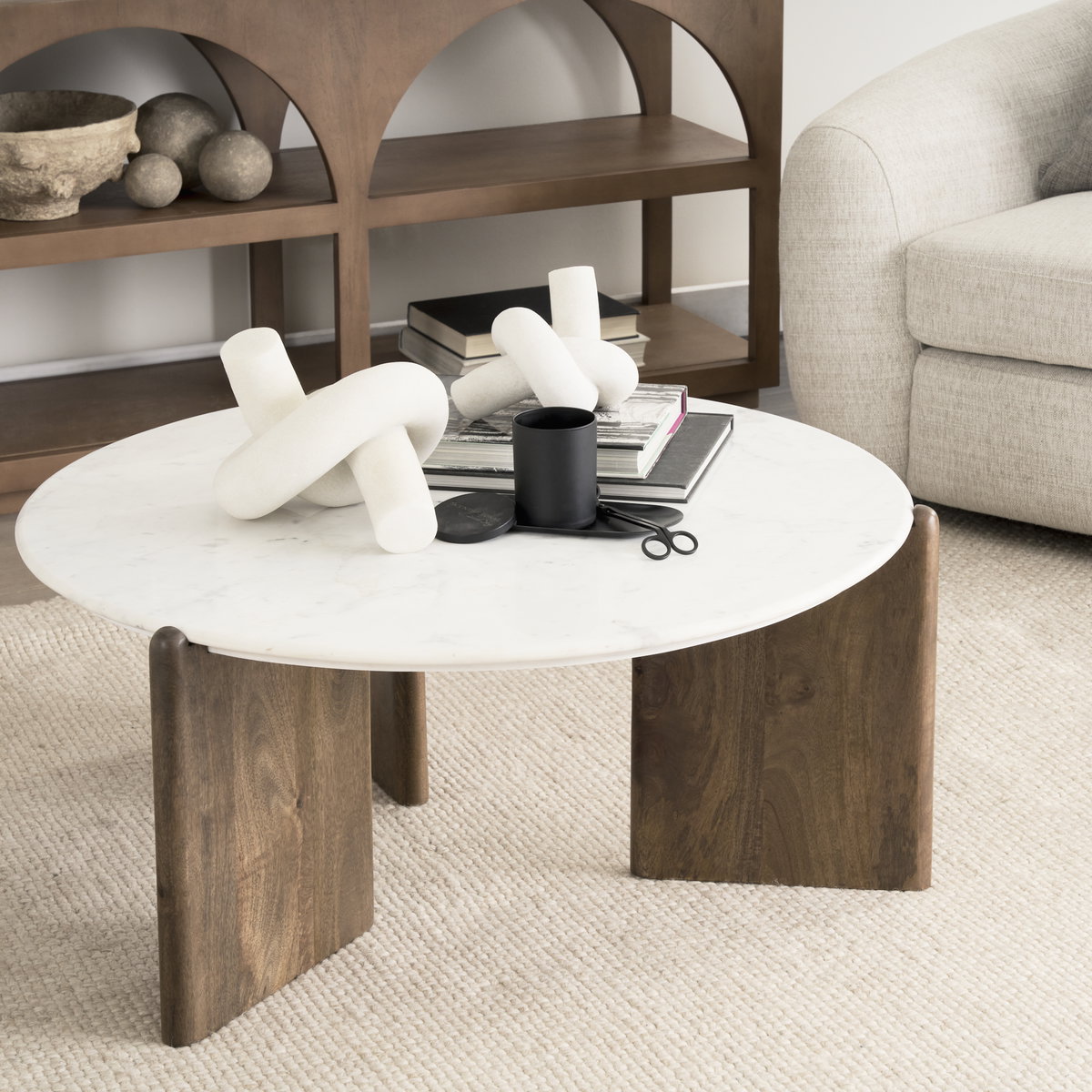 Rumer Dark Brown Wood with White Marble Coffee Table, by Mercana, 36" length x 36" width x 16" height View 3