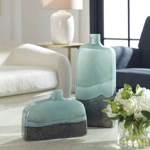 Fuze Aqua & Bronze Vases, Set Of 2