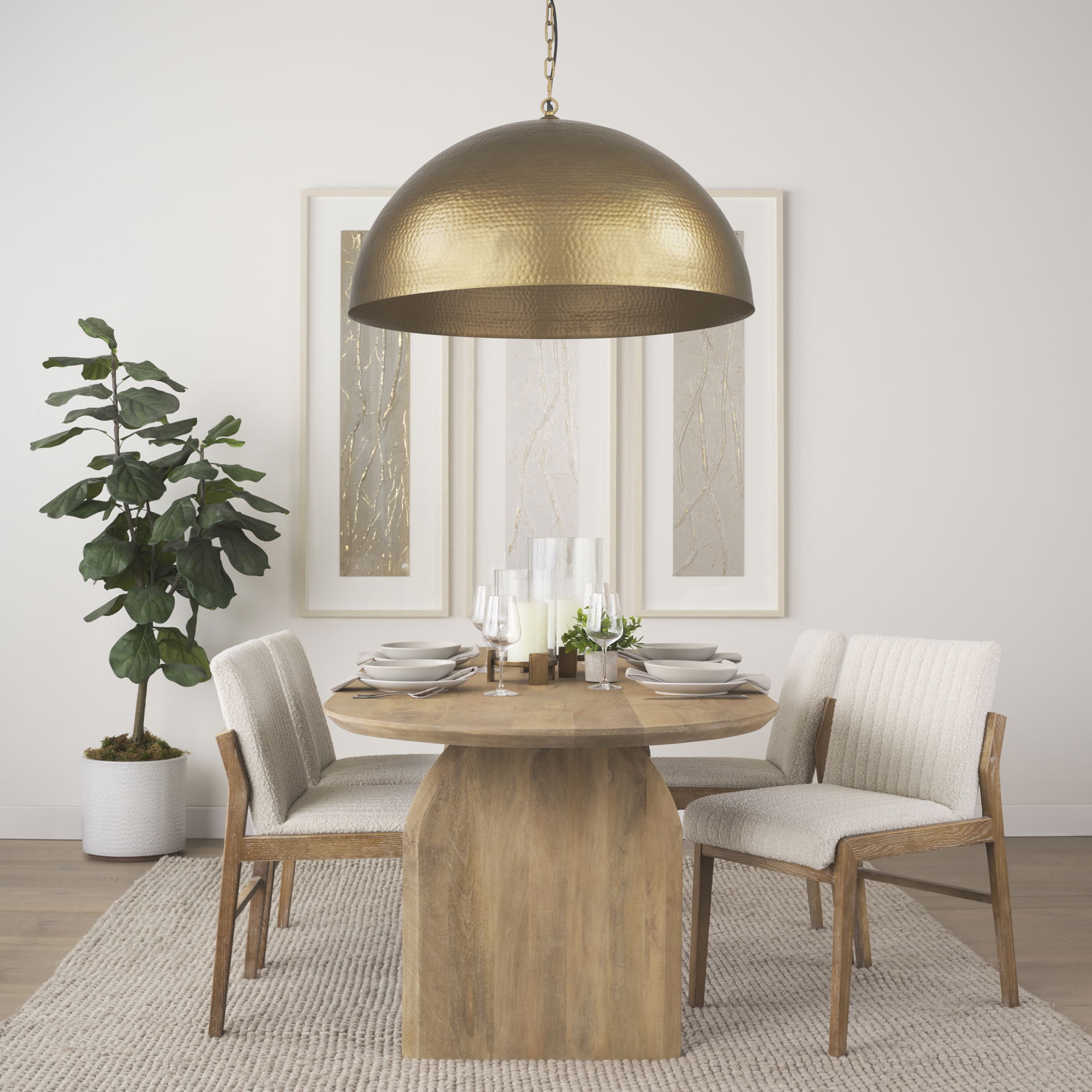 Karina 36' Round Brass-tone Hammered Metal Dome Pendant Light, by Mercana, 39" length x 39" width x 23" height View 2