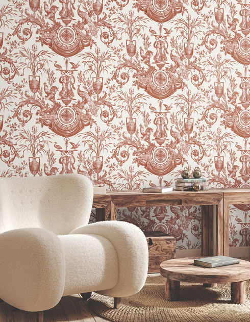 Avian Fountain Toile Brick Wallpaper