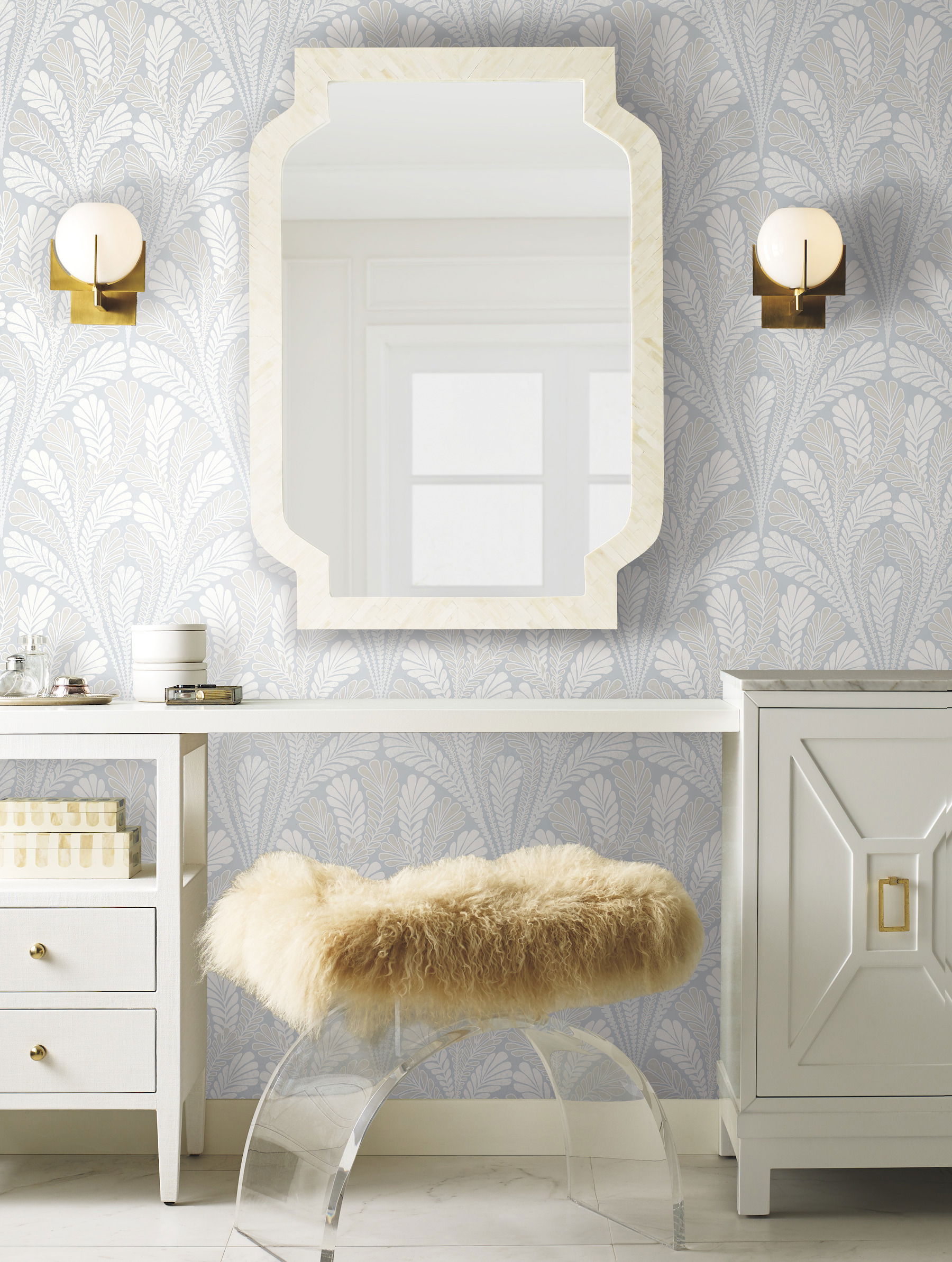 Shell Damask Blue Wallpaper, by York Wall, 33' length x 1'8.5" width x 0.02" depth View 2