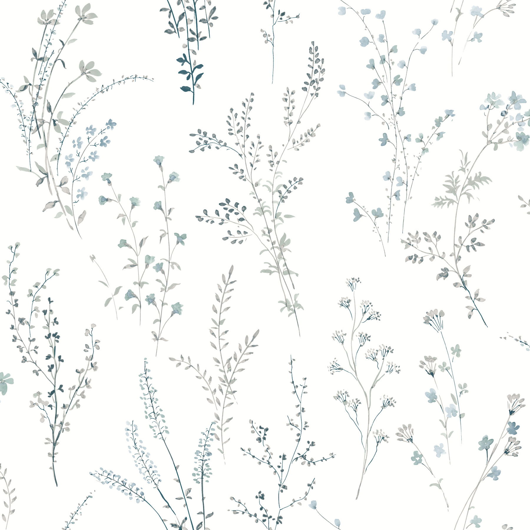 Wildflower Sprigs Blue & Green Wallpaper large image 