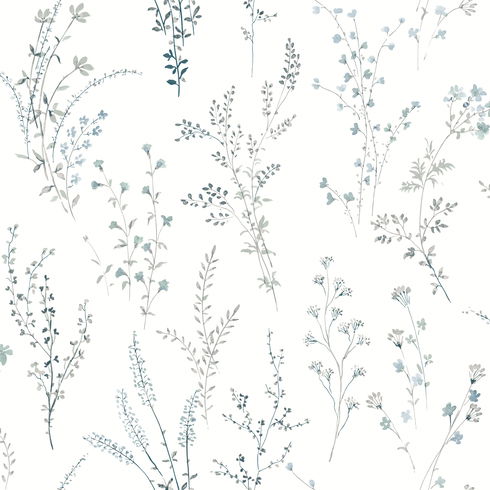 Wildflower Sprigs Blue & Green Wallpaper