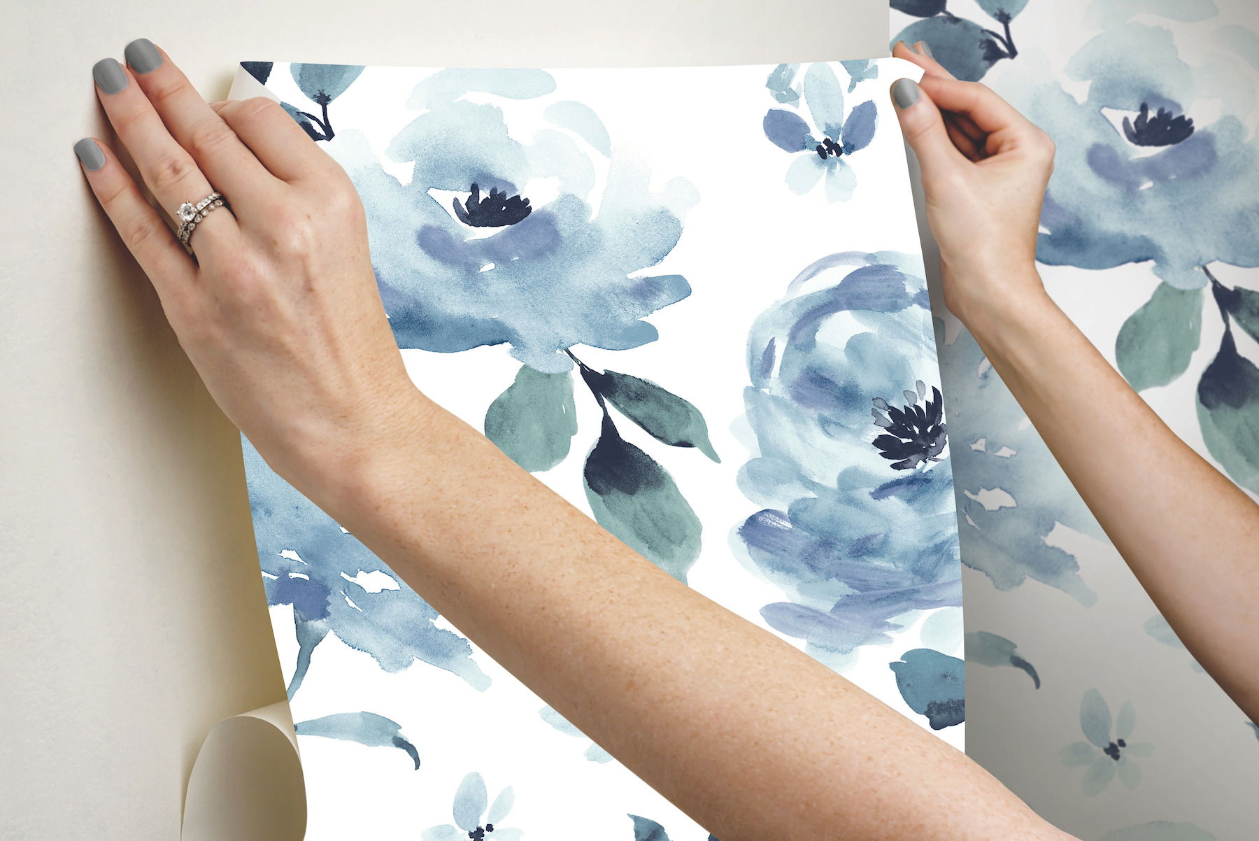 Watercolor Blooms Blue Peel & Stick Wallpaper large image 