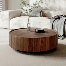 Online Designer Combined Living/Dining Kemberton Walnut Round Coffee Table with Storage Drawers Black Base