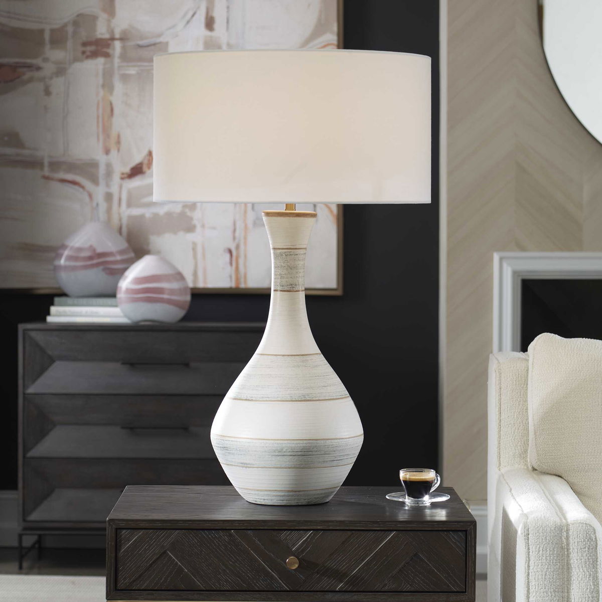 Potter Striped Ivory Blue Table Lamp, by Uttermost, 20" width x 32.5" height x 20" depth View 2