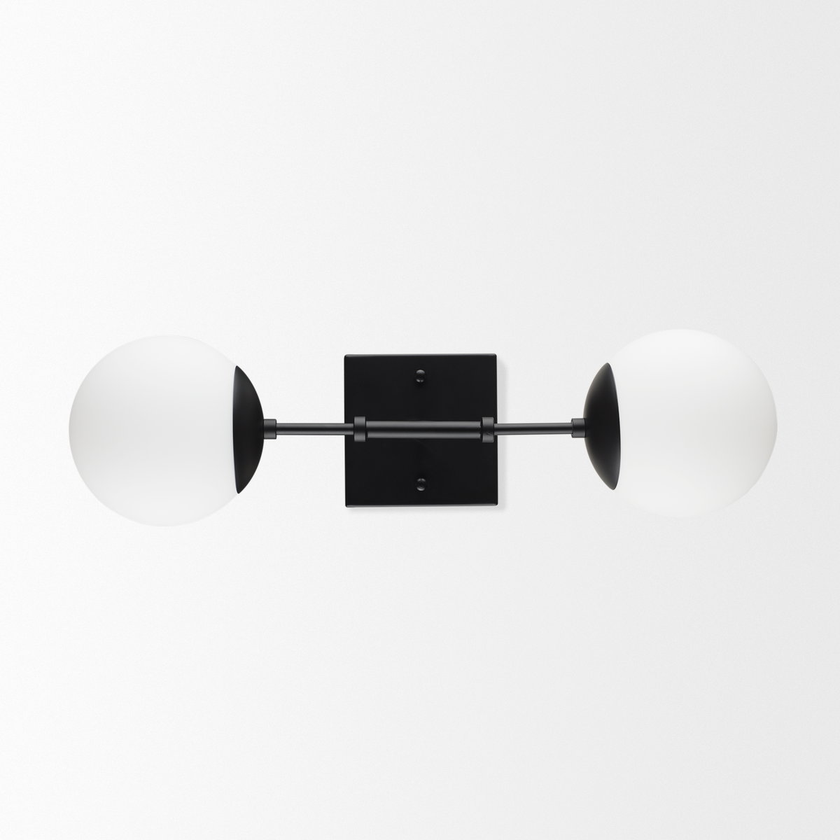 Edie Matte Black Metal with Frosted Glass Globes 2-Light Wall Sconce, by Mercana, 22" length x 7.5" width x 6" height View 8