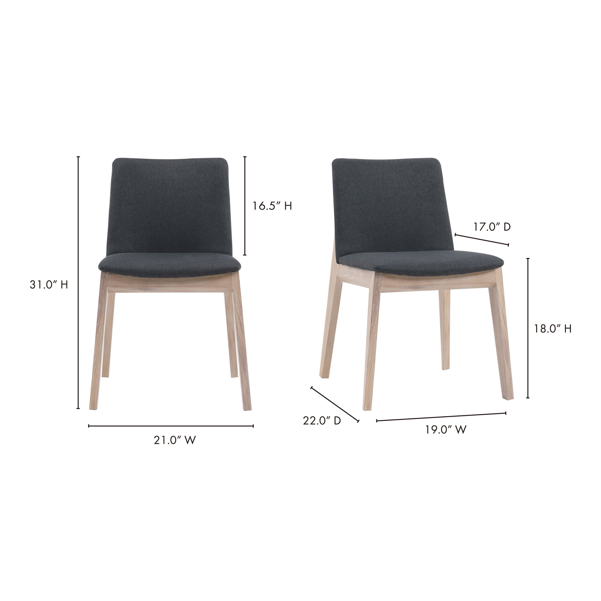 Deco Oak Dining Chair Dark Grey - Set Of Two, by Moe's Home, 21" width x 31" height x 22" depth View 11