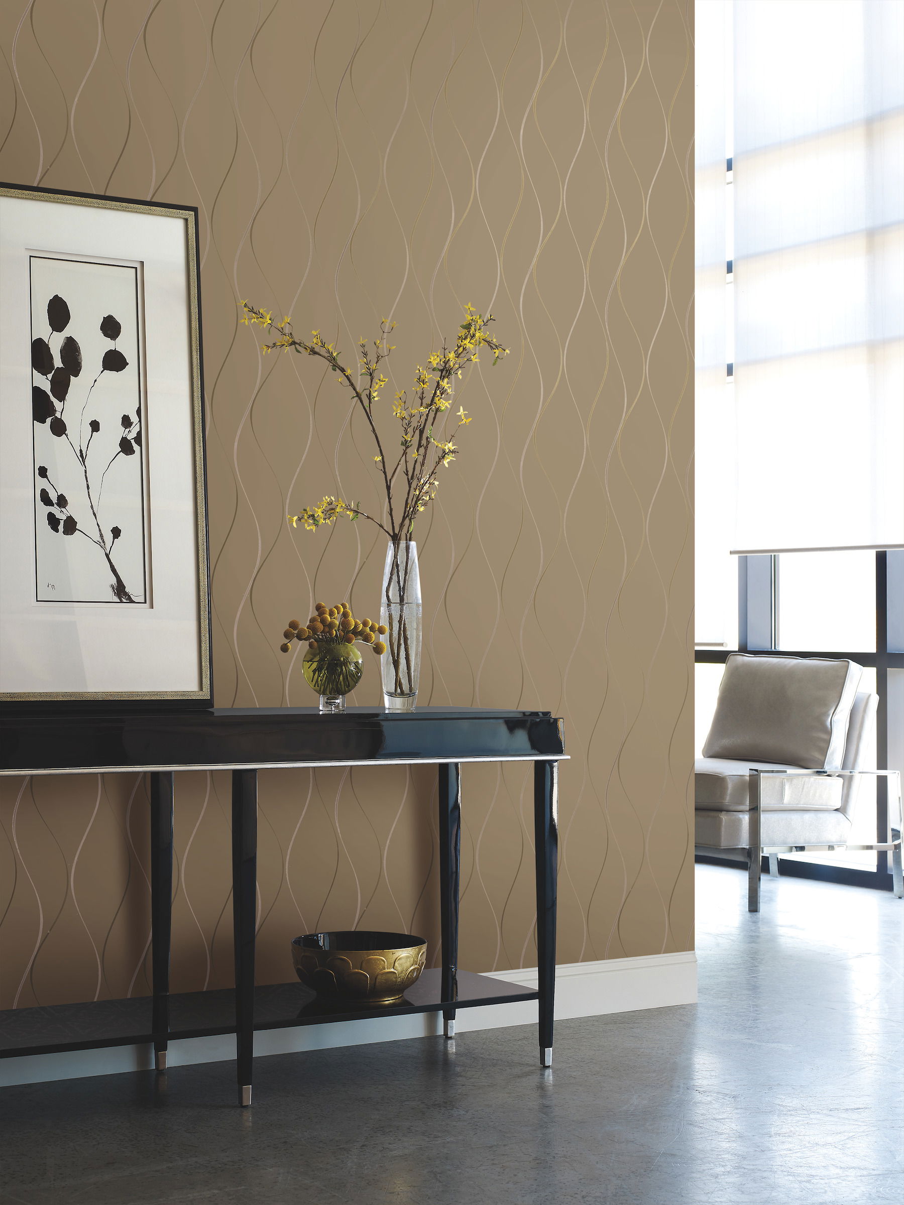 Wavy Stripe Tan Metallic Wallpaper, by York Wall, 33' length x 1'9" width x 0.02" depth View 2