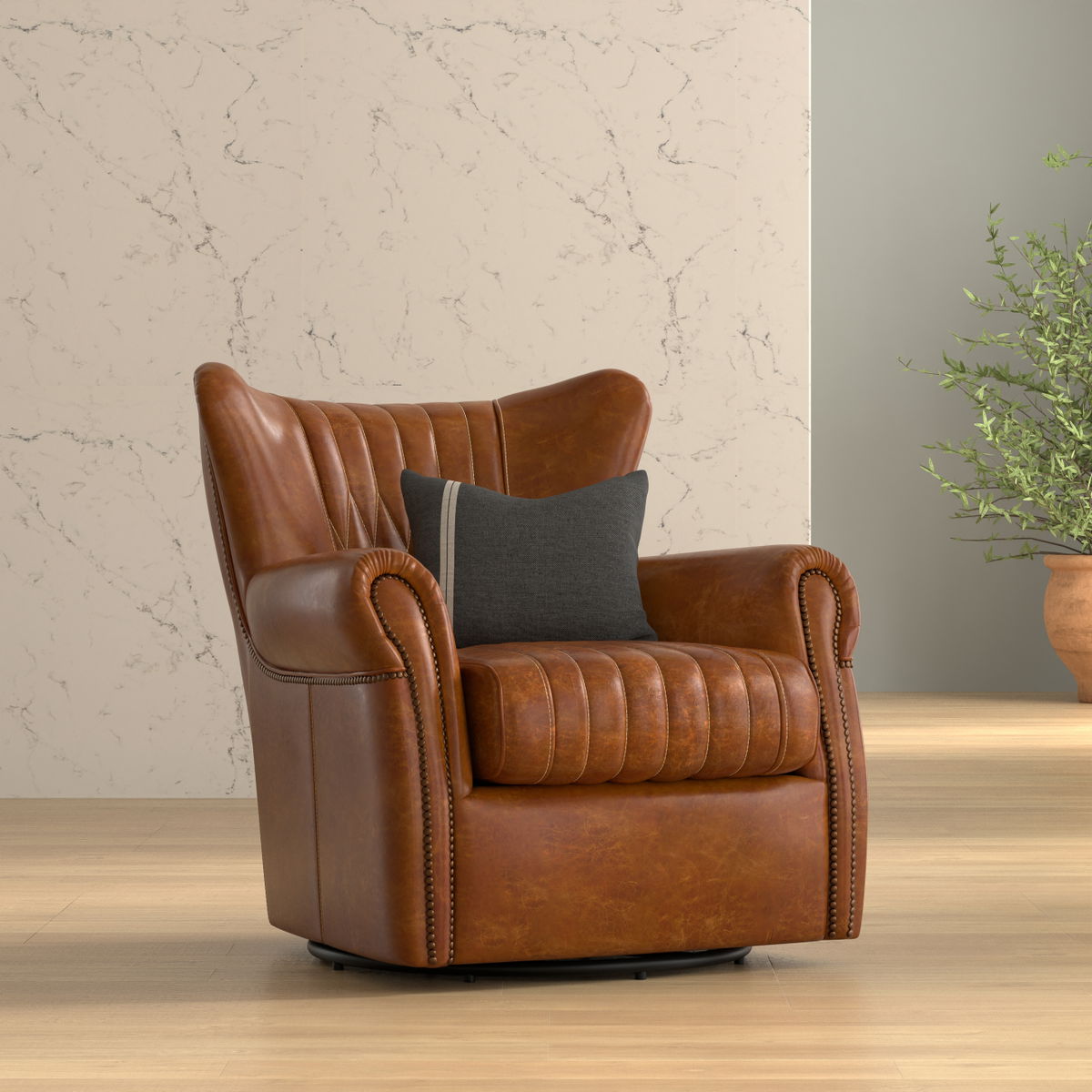 Bugatti Leather Swivel Chair  Cuba Brown, by Sarreid, 2'5" length x 2'8" width x 2'9" height View 13