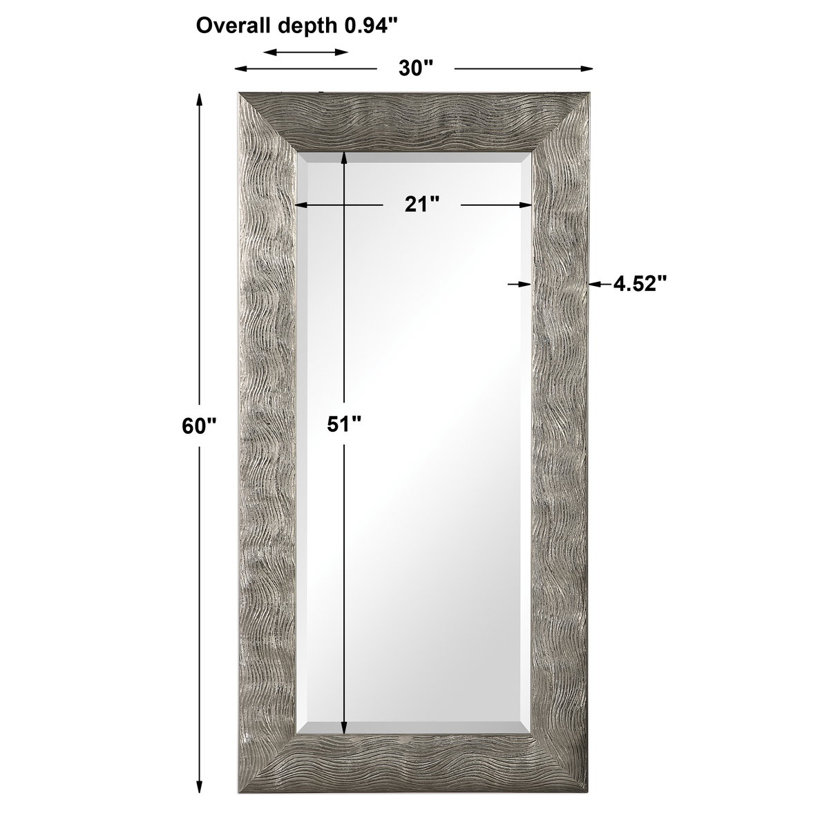 Maeona Metallic Silver Mirror, by Uttermost, 30" width x 60" height x 0.94" depth View 3