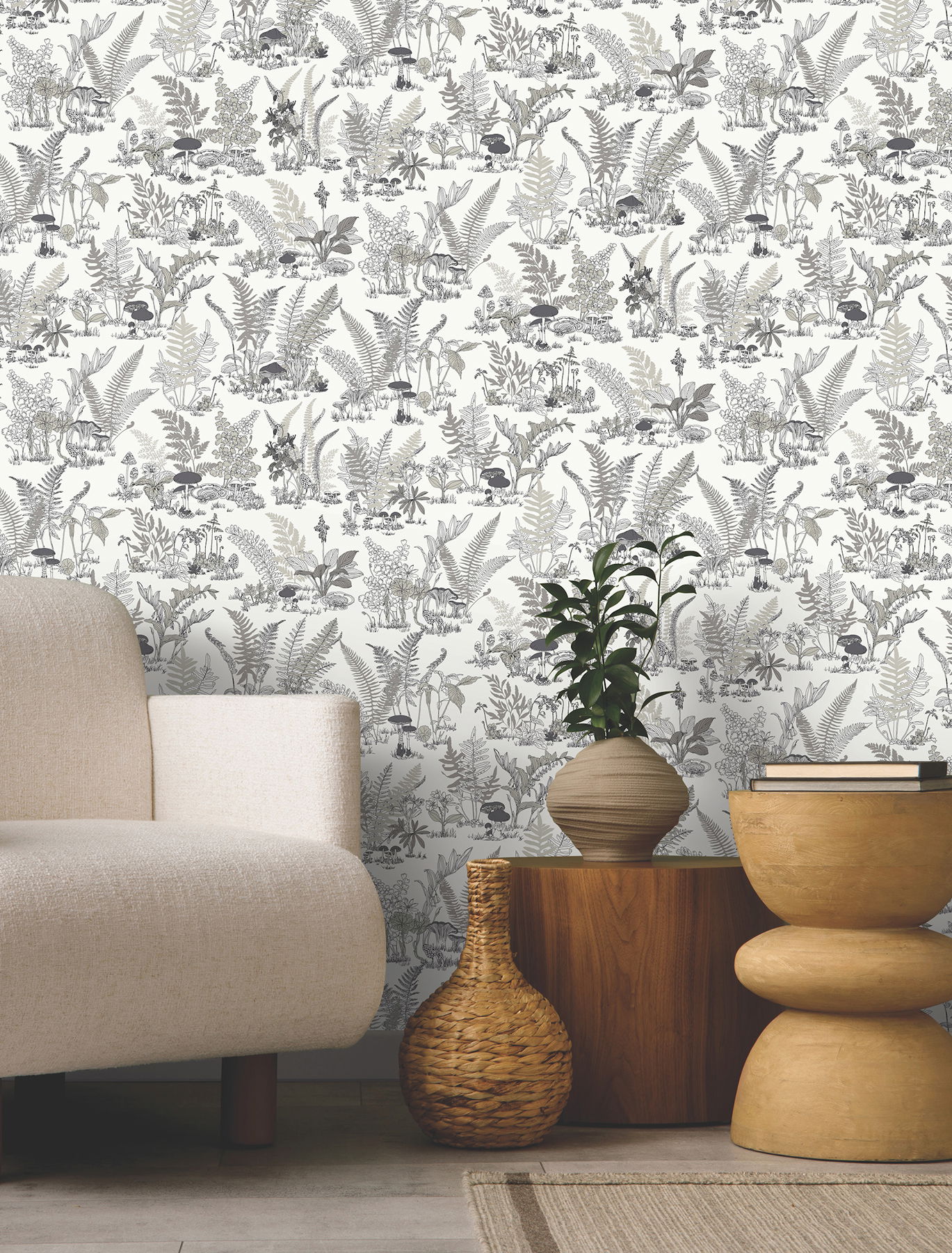 Mushroom Garden Toile Black & Grey Wallpaper large image 