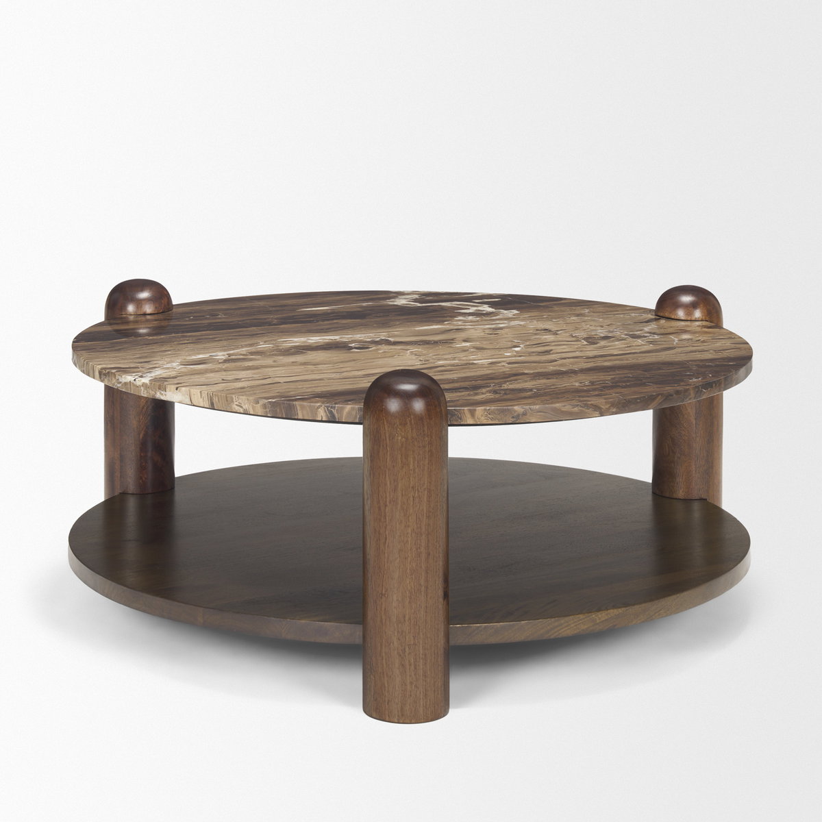 Jovia Brown Mango Wood with Cappuccino Marble Round Coffee Table, by Mercana, 36" length x 36" width x 16" height View 9