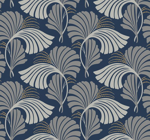Dancing Leaves Navy Wallpaper