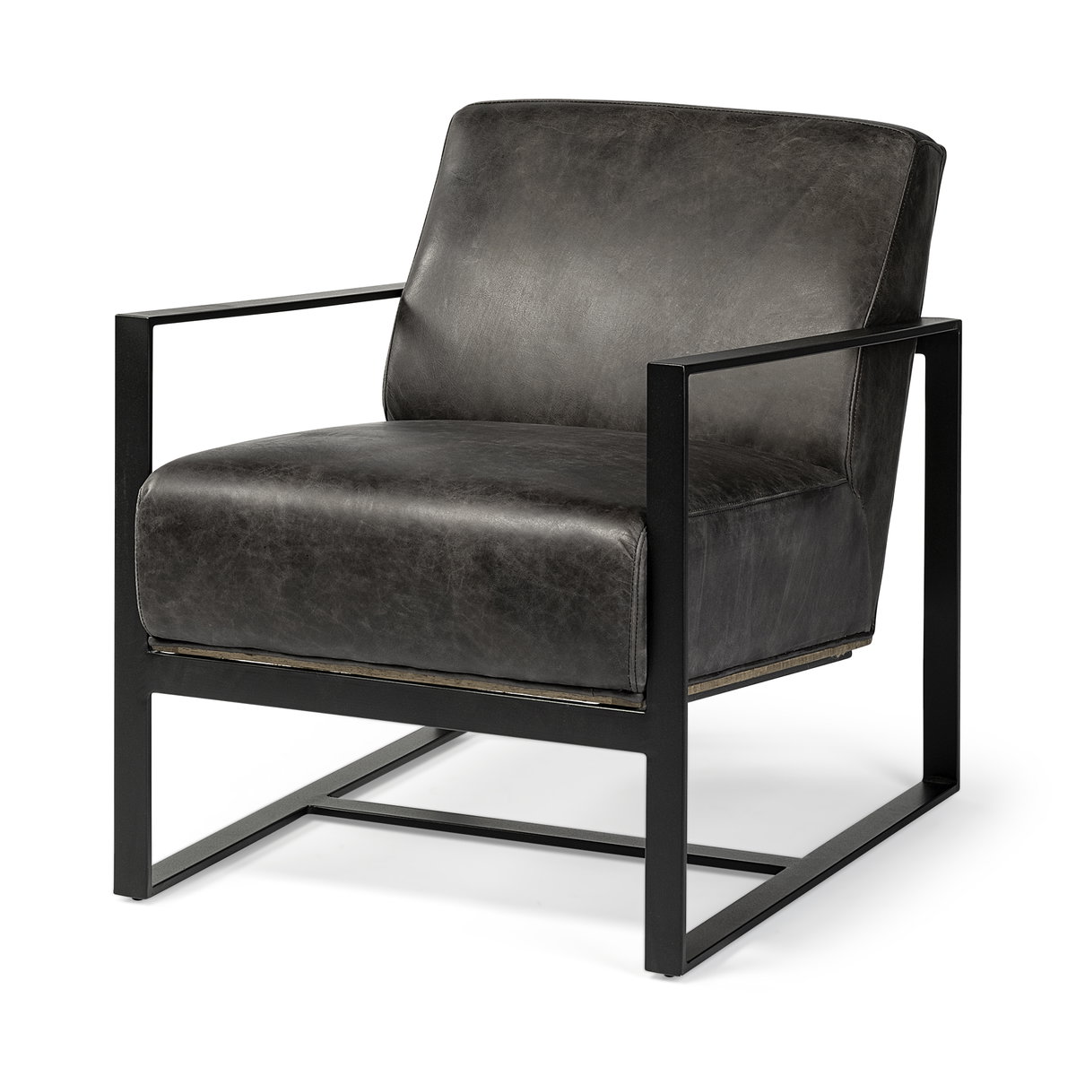 Stamford Black Genuine Leather Seat with Wood Back, Metal Frame Accent Chair, by Mercana, 24.41" length x 31.89" width x 28.94" height View 1