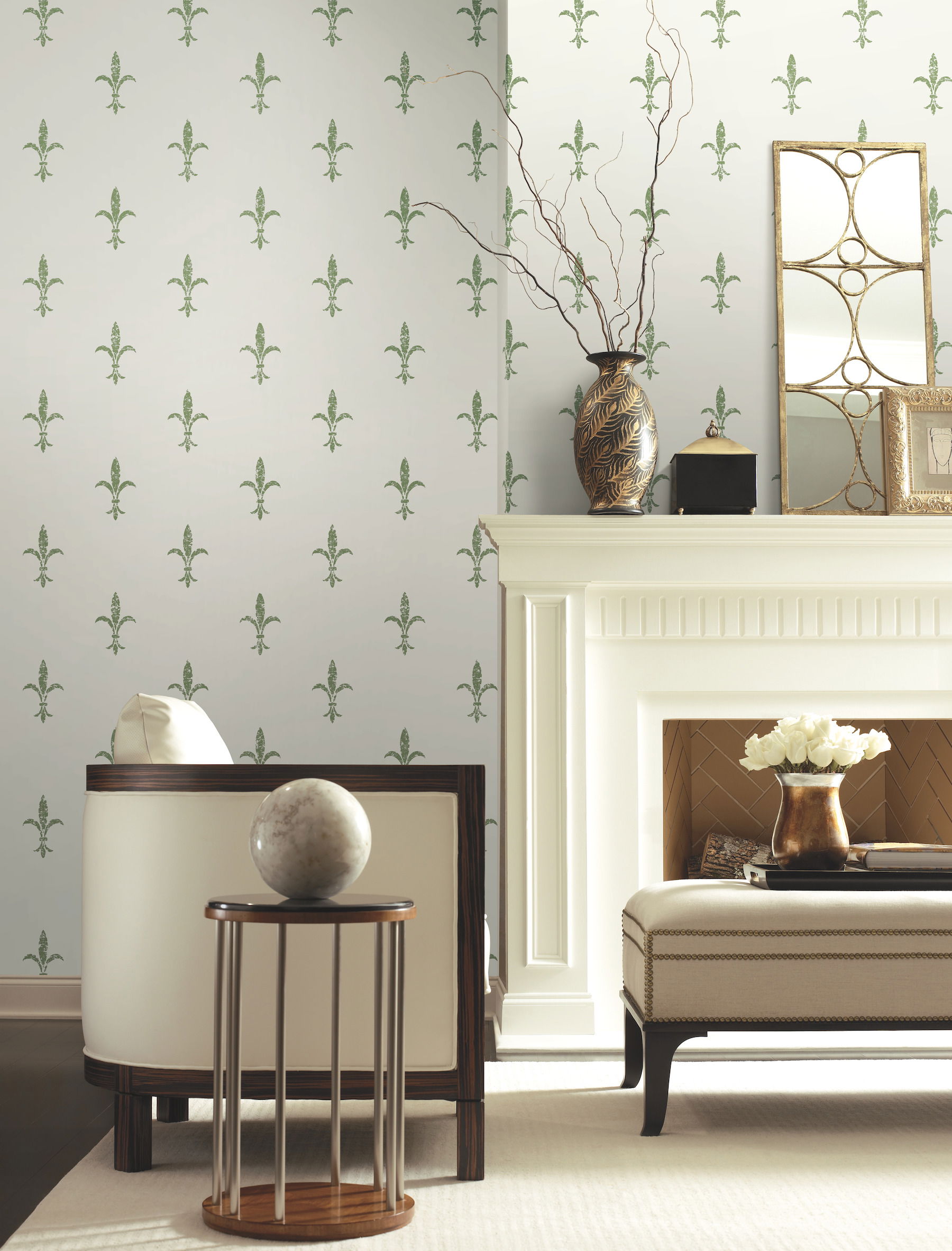 Fleur De Lis White & Green Wallpaper, by York Wall, 27' length x 2'3" width x 0.02" depth View 3