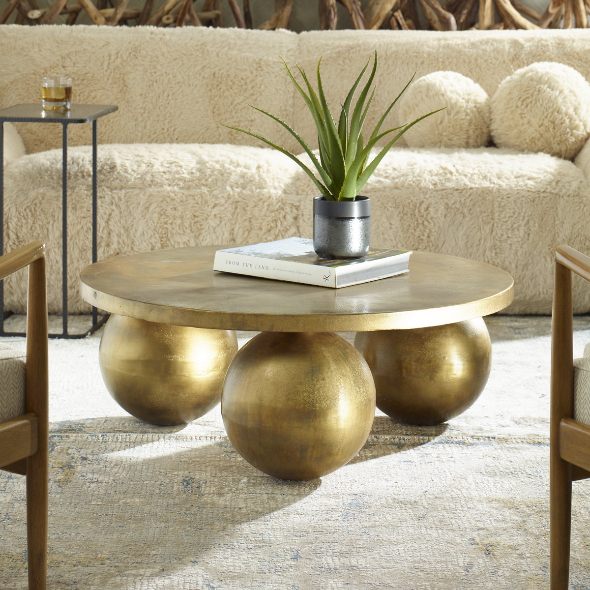 Triplet Antique Brass Coffee Table, Furniture by Uttermost, 38" width x 15" height x 38" depth View 2