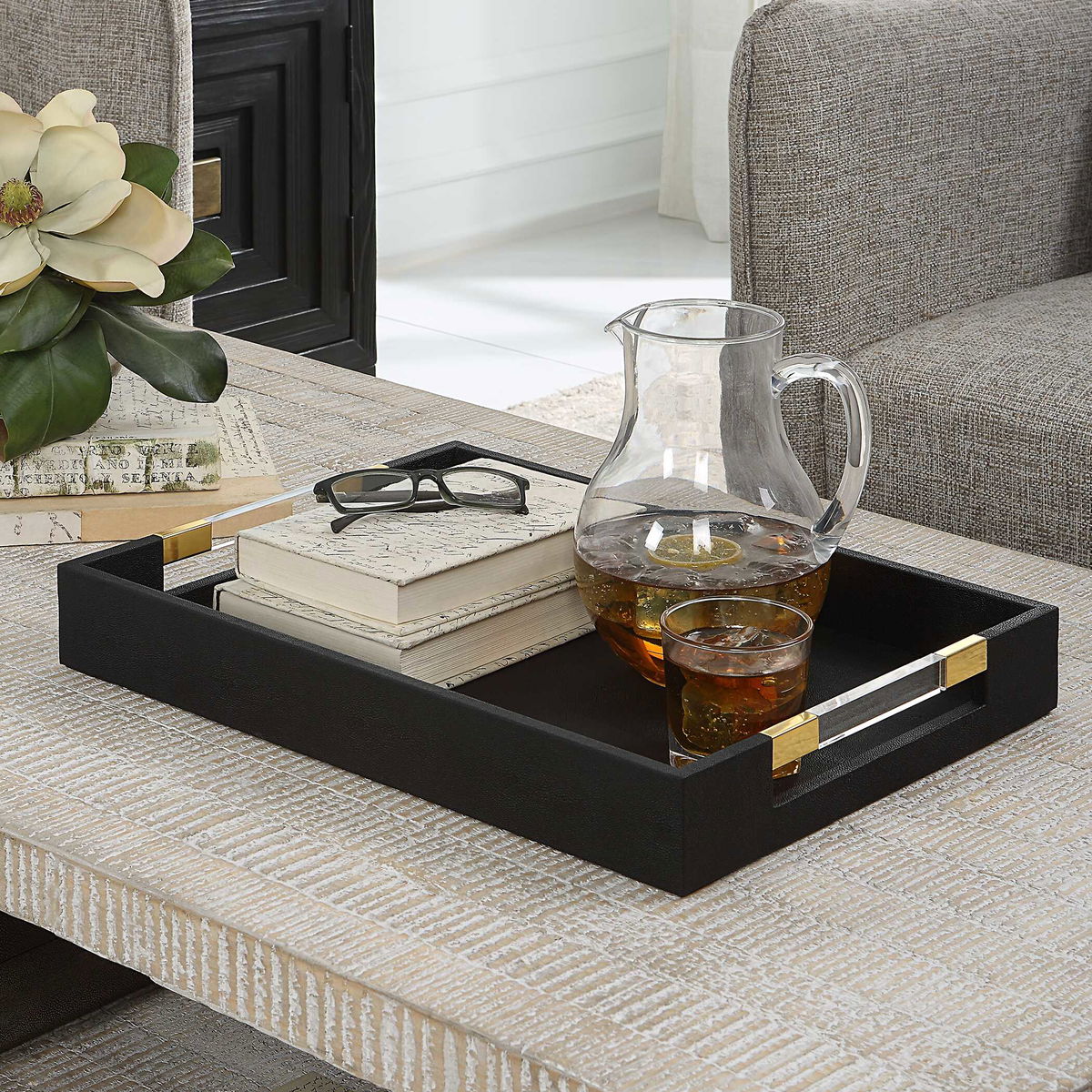 Wessex Black Shagreen Tray, Decorative Tray by Uttermost, 19" width x 2.62" height x 13.87" depth View 3