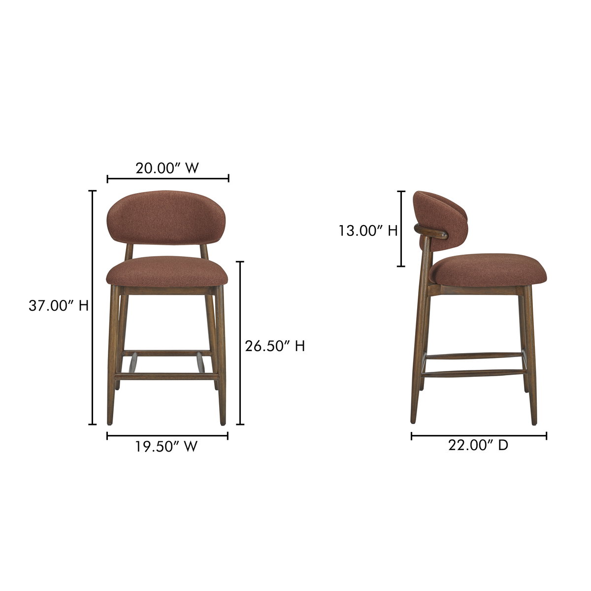 Ellie Counter Stool Rust, Counter & Bar Stool by Moe's Home, 19.5" width x 37" height x 22" depth View 7