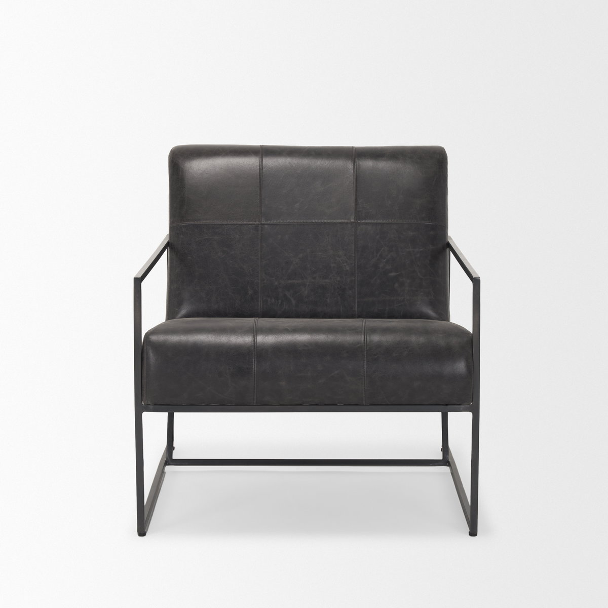 Stratton Gunmetal with Genuine Aged Black Leather Upholstered Accent Chair, by Mercana, 27.25" length x 36.5" width x 29.5" height View 5