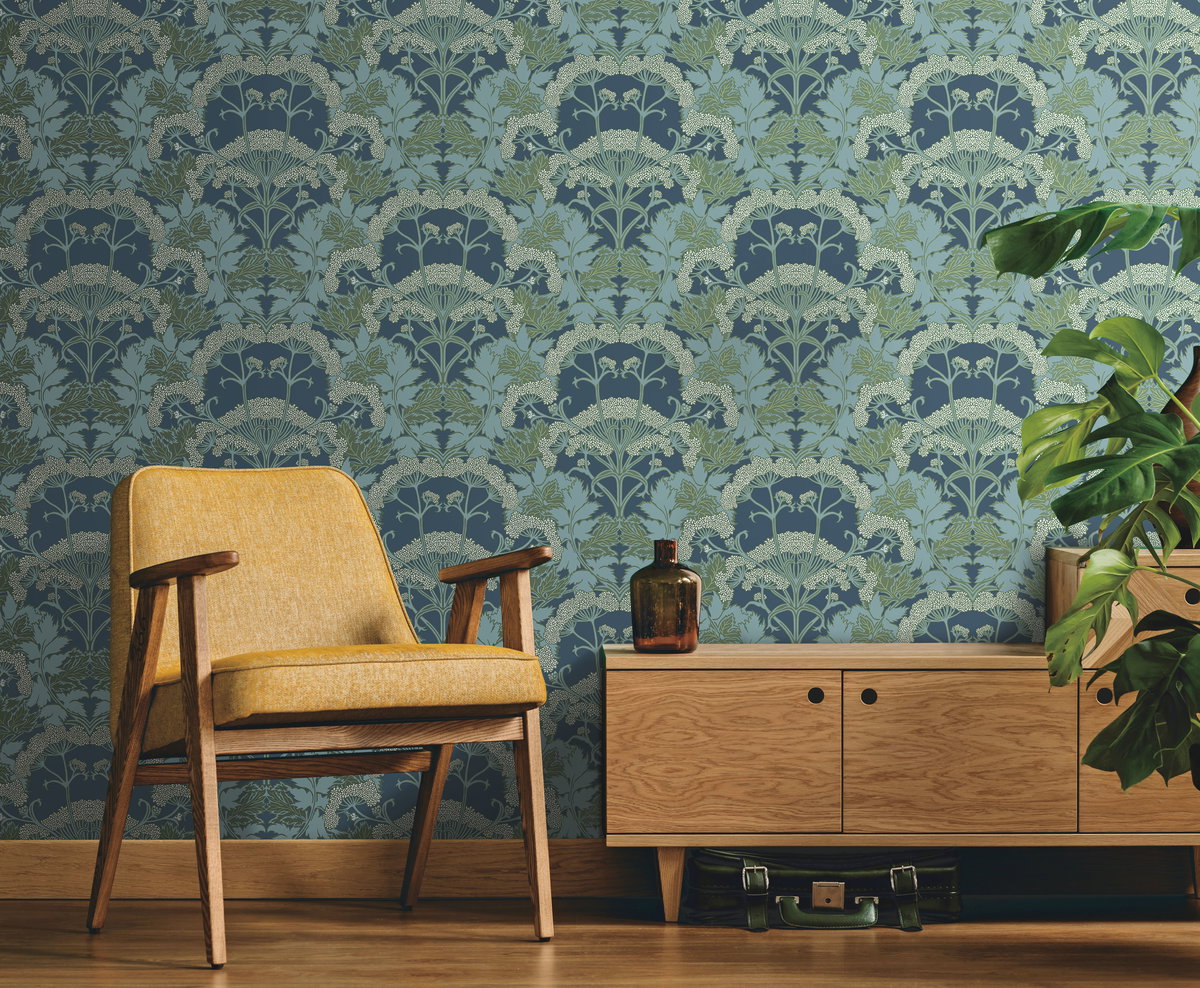 Yarrow Nouveau Blue & Green Wallpaper, by York Wall, 27' length x 2'3" width x 0.02" depth View 3
