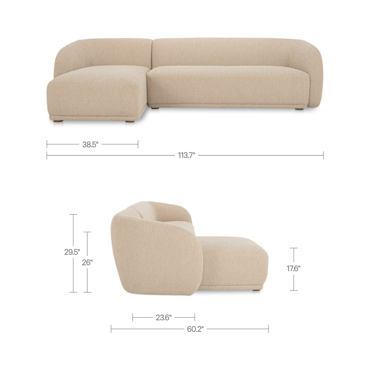 Faye Left Sectional Beige Boucle, Sectional Sofa by Moe's Home, 113.75" width x 29.5" height x 60.25" depth View 9