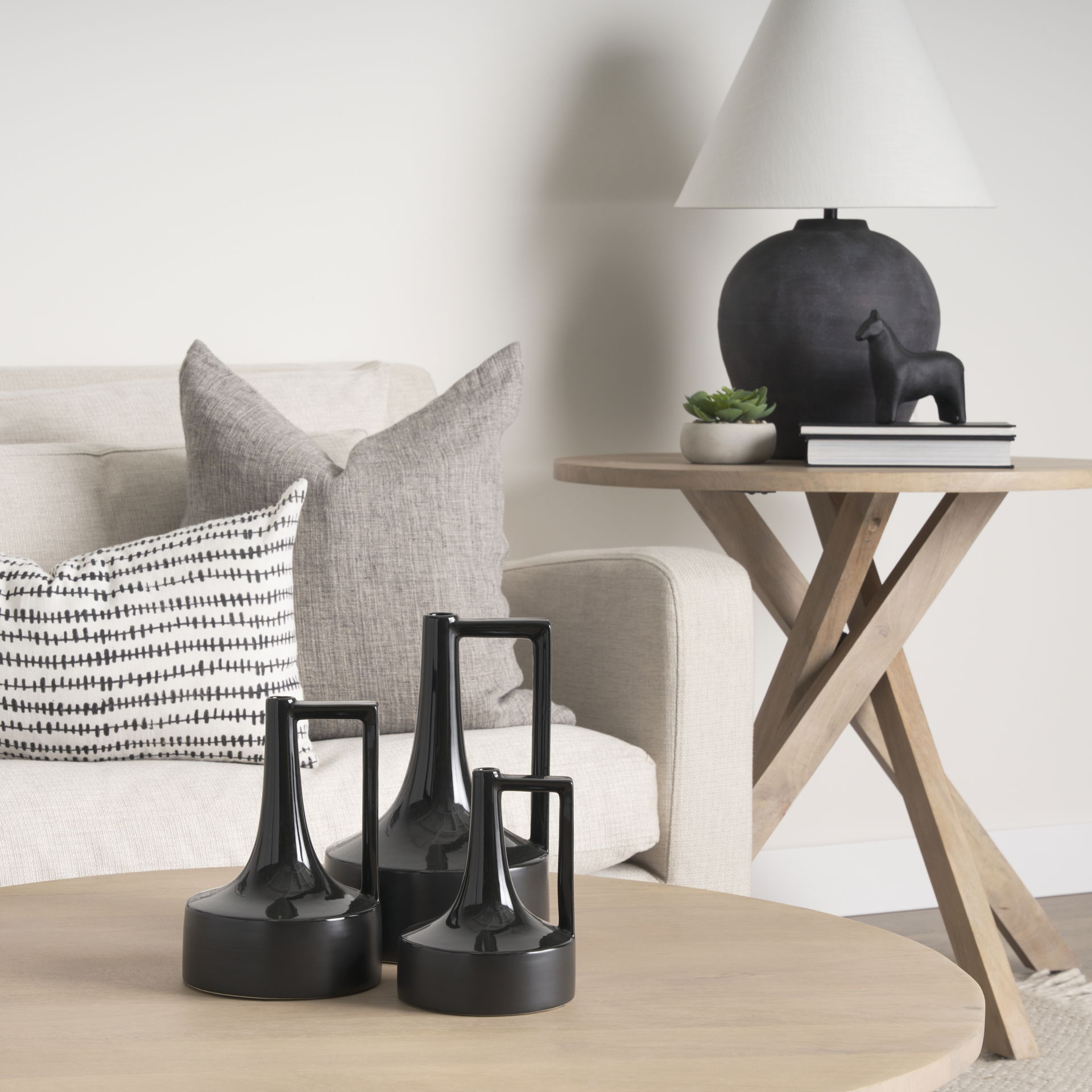 Burton 13.1H Large Glossy and Matte Black Ceramic Jug Vase, by Mercana, 7.87" length x 7.87" width x 11.61" height View 2