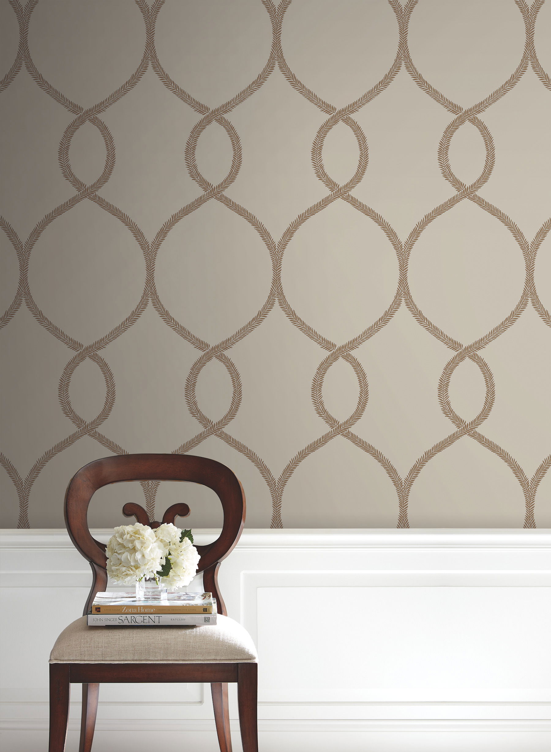 Laurel Leaf Ogee Brown Wallpaper, by York Wall, 27' length x 2'3" width x 0.02" depth View 2