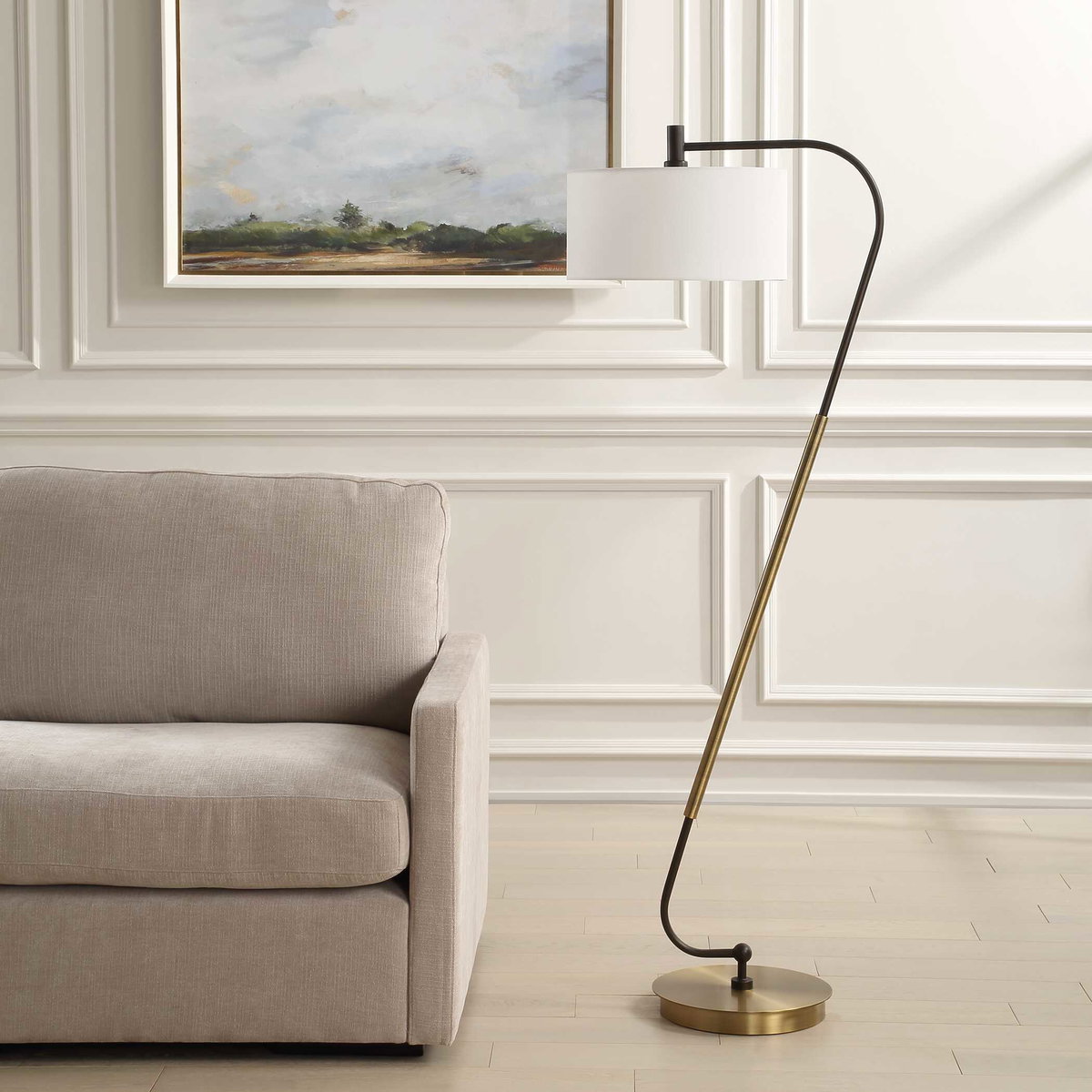 Irwin Curved Brass Floor Lamp, by Uttermost, 23" width x 64.25" height x 16" depth View 4