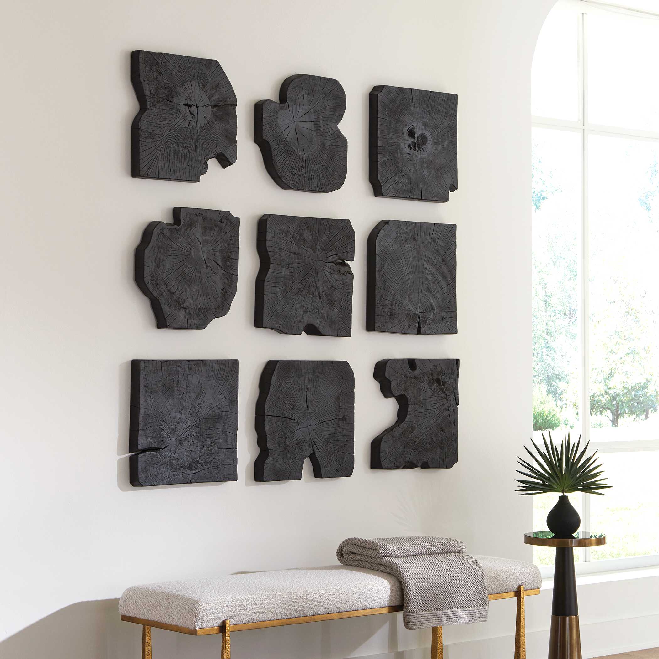 Bahati Black Wood Wall Decor Set/9, Sculptural Wall Art by Uttermost, 16" width x 16" height x 1.37" depth