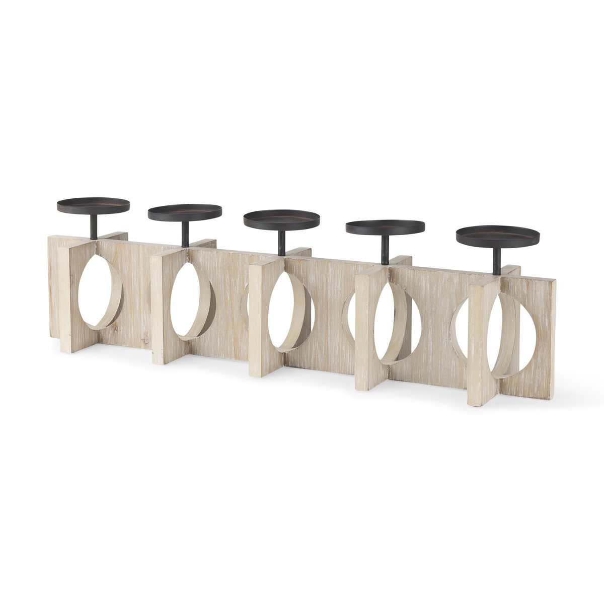 Cambie  Natural Wood with Black Metal Candle Holders, Candles & Candle Holder by Mercana, 29" length x 6" width x 9" height View 1