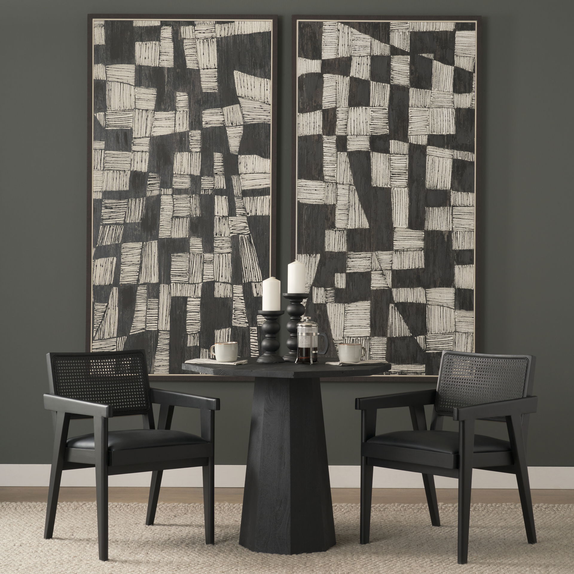 Wanda Matte Black Wood Pillar Candle Holders (Set of 2), Candles & Candle Holder by Mercana, 4.75" length x 4.75" width x 11.5" height View 4