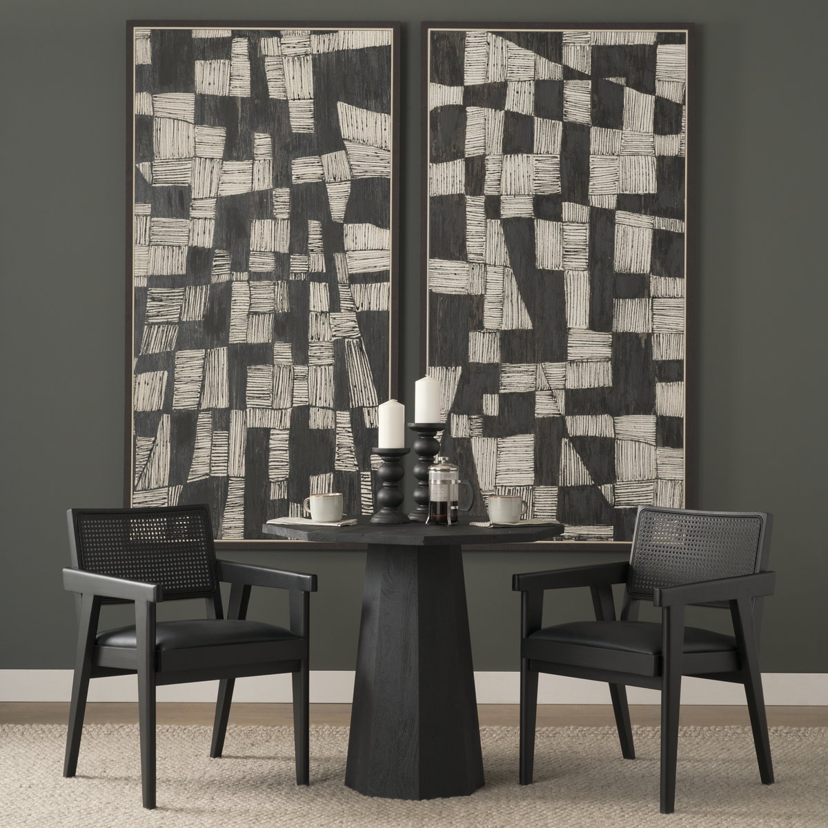 Wanda Matte Black Wood Pillar Candle Holders (Set of 2), Candles & Candle Holder by Mercana, 4.75" length x 4.75" width x 11.5" height View 4